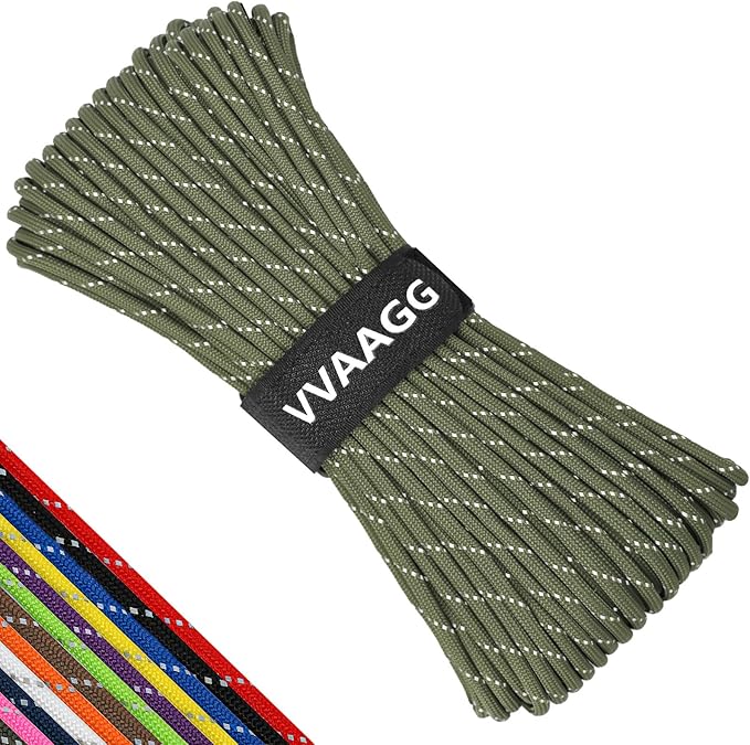 VVAAGG Reflective Paracord Rope 100FT, 7 Strand Nylon para Cord Lanyard Utility 550 Parachute Cord, 4mm Thin Tent Rope for Outdoor Camping Hiking