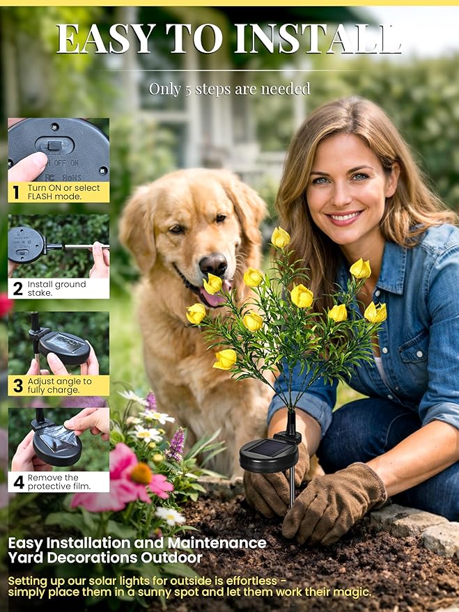 GIGALUMI Solar Garden Lights with Gardenias, 4 Pack LED Garden Decor Carefree Solar Flowers Outdoor Waterproof, Yard Decorations Outdoor, Allergy-Free Light up Flowers for Yard (2white+1yellow+1pink)