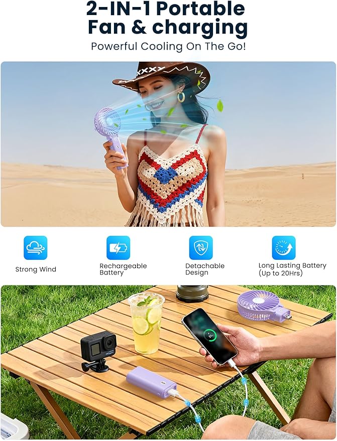 HandFan 5200mAh Handheld Fan Rechargeable, 20H Runtime Hand Fan, 3 Speeds Strong Airflow, Personal 180° Foldable Portable Fans for Travel/Summer/Concerts/Lash/Commute, Gifts for Women (Purple)