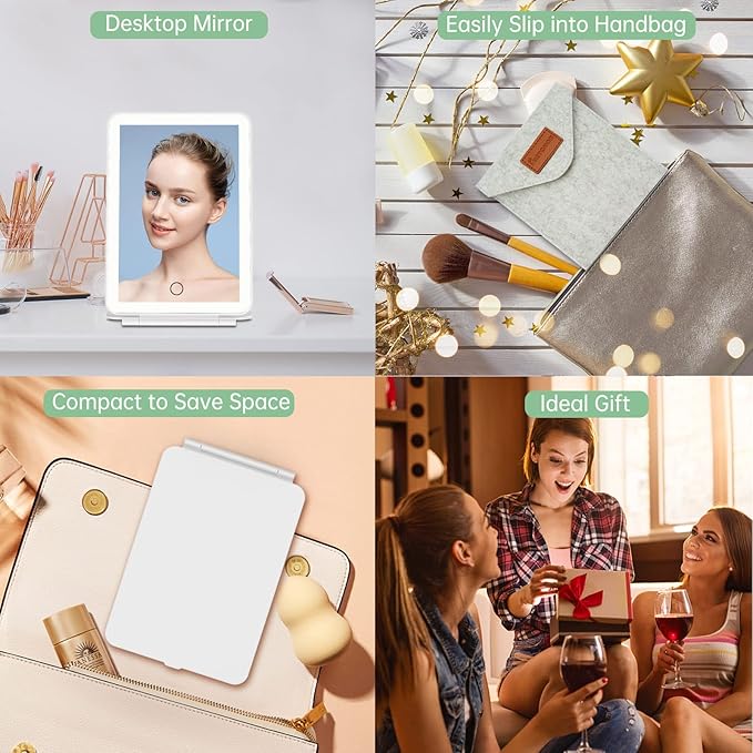 FUNTOUCH Rechargeable Travel Makeup Vanity Mirror with 72 LED Lights, Portable Lighted Beauty Mirror, 3 Lighting Modes, Dimmable Touch Screen, Tabletop Folding Cosmetic Mirror with Storage Bag