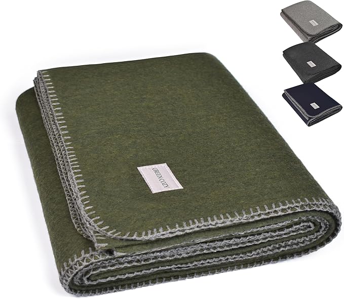 Military Style Wool Blanket – Cushioned, Breathable, Durable, Warm & Washable – Double-Stitched Border– Great for Camping, Outdoor, First Aid, Travel, Car, Fire Retardant – 64"x90" 4.7lb (Olive Green)