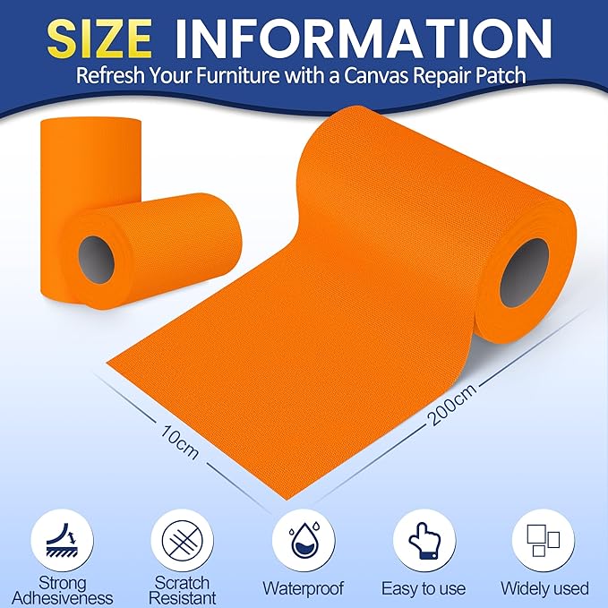 Self-Adhesive Canvas Repair Tape, 4" x 80" Waterproof Canvas Repair Patch, Fabric Patch Repairs Kit for Furniture, Tents, Sunbrellas, Boat Covers Awnings, Couches, Clothes, Bags Orange
