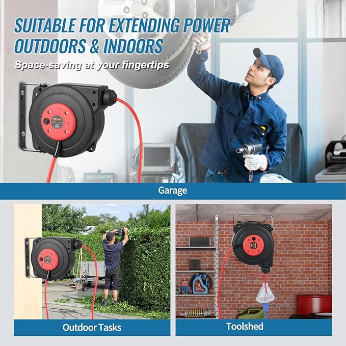 VEVOR Retractable Extension Cord Reel, 30 FT, Heavy Duty 16AWG/3C SJTOW Retractable Power Cord Reel with Lighted Triple Tap Outlet 10 Amp Circuit Breaker 4.5FT Lead-in Cord, for Ceiling or Wall Mount