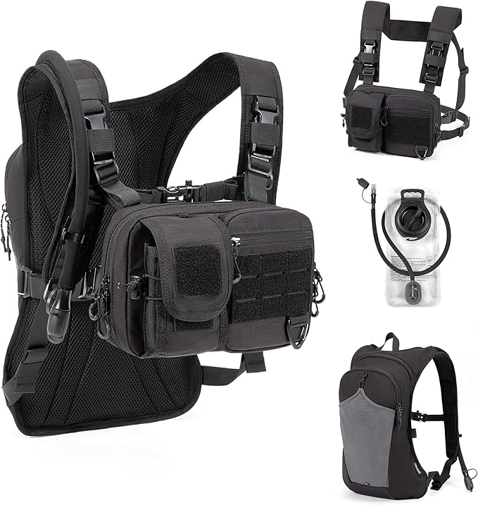 2-in-1 Hydration Backpack & Tactical Chest Pack with 2.5L Water Bladder, Modular Molle Hydration Vest, 500D Nylon Lightweight Running Water Bag for Gravel Cycling, MTB, Hiking, Enduro