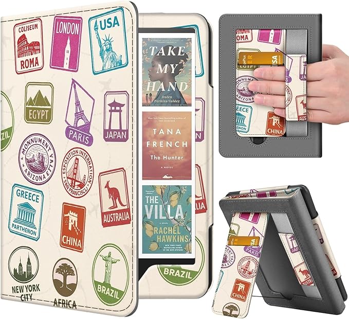 TNP Stand Case for Kindle Paperwhite 12th Generation 2024 / Kindle Colorsoft Signature Edition with Hand Strap & Card Slot - 7" PU Leather Protective Folio Cover with Auto Wake/Sleep, World Stamp