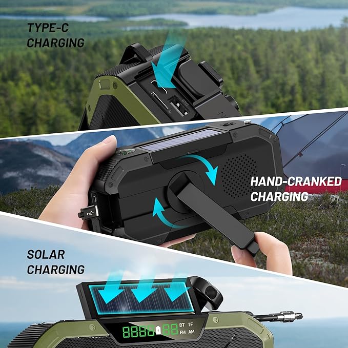 Emergency Radio Waterproof Bluetooth Speaker,Portable AM FM Radio with Flashlight,Reading Lamp,Hand Crank NOAA Weather Radio with Solar Panel,5000mAh/18500mWh Cell Phone Charger,Emergency Survival Kit