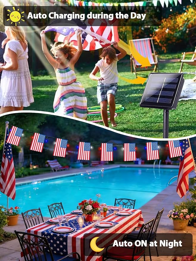 2 Pack 4th of July Decorations, Solar American Flag Lights Outdoor with 8 Modes, 37.6FT 50 USA Flags & 100 Red White and Blue LEDs Patriotic Lights Waterproof for Independence Day 250th Anniversary
