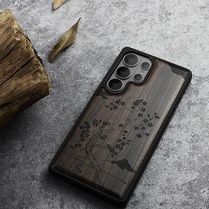 Carveit Magnetic Wooden Case for Samsung Galaxy S26 Ultra Case 2026, TPU Shockproof Cover & Wood Artisan Engraved, Compatible with MagSafe Wireless Chargers (Cherry Blossom with Mount Fuji) Blackwood