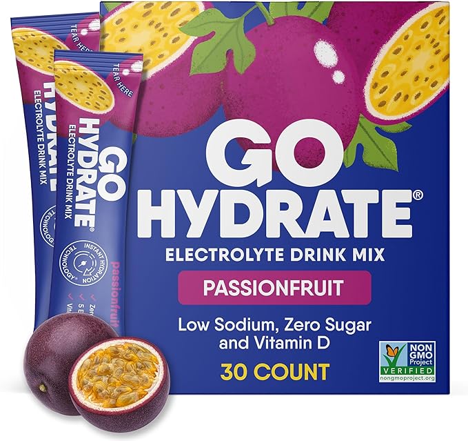 GoHydrate Low Sodium Electrolytes Powder Packets Sugar Free - Instant Hydration Daily Drink Mix - Zero Sugar Water Flavor Packet Singles with Vitamin D - (Passion Fruit, 30 Packs)