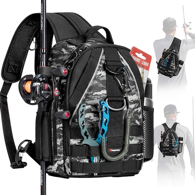 Piscifun Fishing Backpack with Rod Holder, Lightweight Sling Bag Storge Gear and Equipment