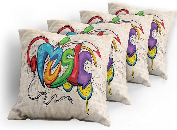 Ambesonne Music Throw Pillow Cushion Case Pack of 4, Illustration of Graffiti Style Lettering Headphones Hip Hop Theme on Beige Bricks, Modern Accent Double-Sided Digital Printing, 16", Tan Green