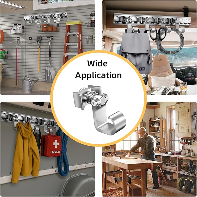 4 Pack L Track Hooks with Single Stud Fitting, Spring-Loaded Adjustable Gear Hook, Aluminum L Track Accessories for Trailer, Truck, Garage, Tie Down System, 100LBS Max Load Capacity – Silver