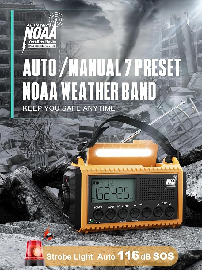 Emergency Radio 12000mAh - NOAA Weather Alert Radio with Auto-Scan & SOS Alarm, Solar Hand Crank 6-Way Power, Flashlight, Reading Lamp for Outdoor, Hiking, Emergencies