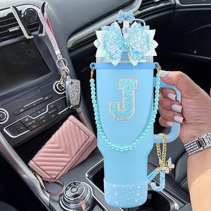 9PCS Blue for Stanley Cup Accessories Set Bling Initials Bow Charms for Stanley Decorations 30/40 Oz Tumbler Accessories Including Bow Straw Topper, Handle Strap, Spill Stopper（Letter J）