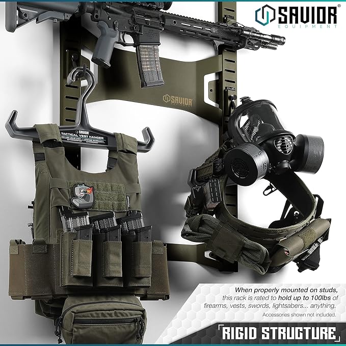 Savior Equipment Horizontal Steel Wall Mount Firearm Rifle Display Rack, Compound Bow Shotgun Carbine Gun Sword Tactical Vest Gear Hanger Free-Standing Indoor Storage Organizer, 10 Mounting Hooks