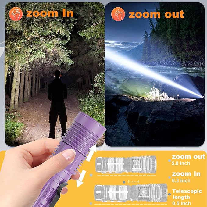 Hoxida Small Tactical Flashlights High Lumens - 1500 Meters Long Beam Super Bright LED Magnetic Flashlight USB Rechargeable Zoomable 5Modes Long Beam Spotlight Flashlight for Hiking, Camping-Purple