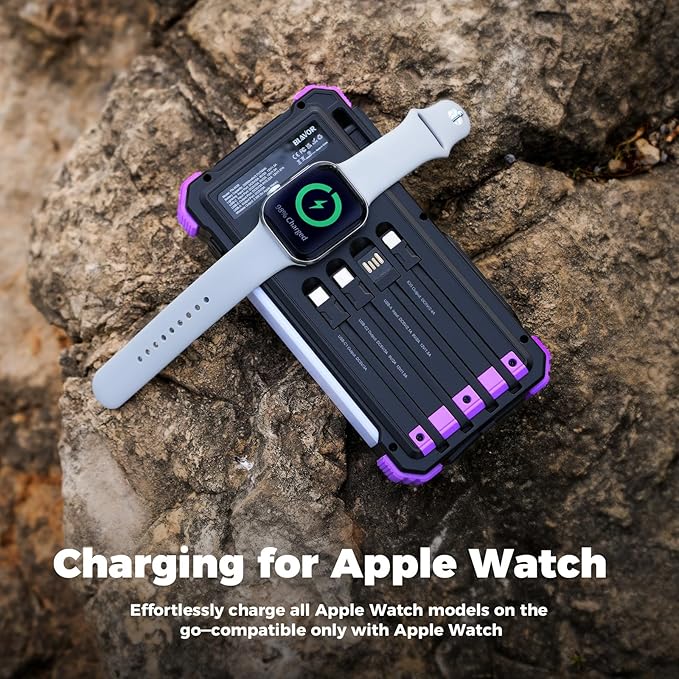 BLAVOR Solar Power Bank 20000mAh Built-in Cables, Wireless Charger for Apple Watch, 20W Fast Charging Battery Pack with USB C, Flashlight, Solar Charger for iPhone, iPad, iWatch, Samsung