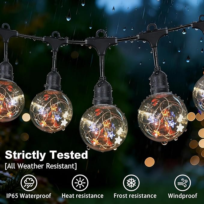 Afirst Patriotic Outdoor String Lights, Red White Blue Stars, Clear Plastic Globe Bulbs, Black Cord, 22FT