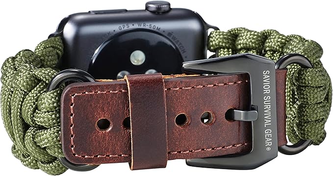 Savior Survival Gear Paracord Band Compatible with Apple Watch Band 49mm 46mm 45mm 44mm 42mm,iWatch Band Series Ultra 10 9 8 7 6 5 4 3 2 1 SE,Adjustable strap for men (Green-Brown Leather, Adjustable)