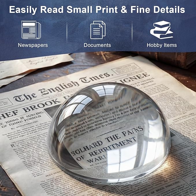 6X Crystal Dome Magnifier Paperweight, 3.8 Inch Large Dome Reading Magnifying Glass with Gift Box, Desktop Paperweight Magnifier for Books, Maps, Documents, Crafts & Seniors (3.8 Inch-Tall Version)
