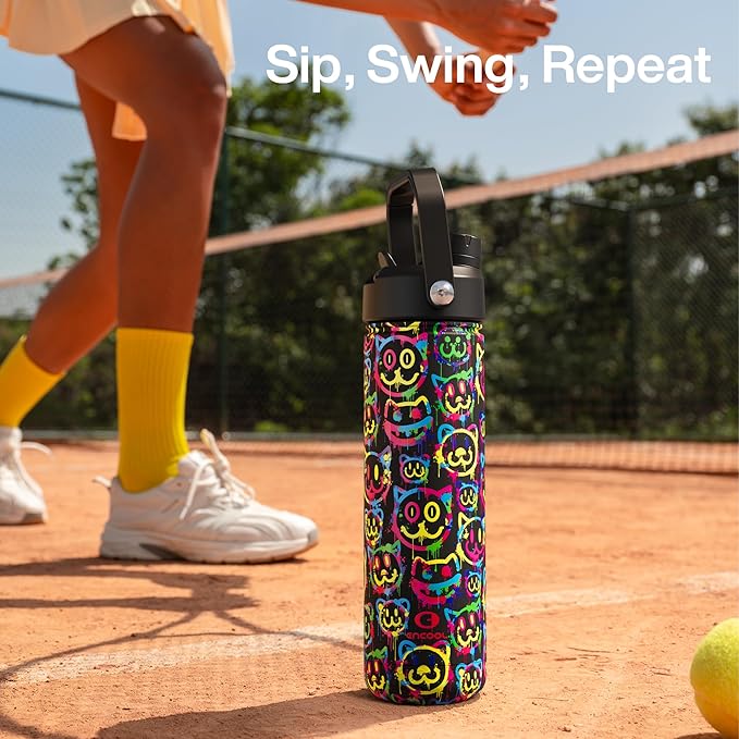 ENCOOL Insulated Water Bottle with Straw Stainless Steel Water Bottle, Leak-Proof, BPA-Free, Double Wall Vacuum Keeps Cold for 24 Hours for Sports, Travel, School (26 oz, Neon Smiley)