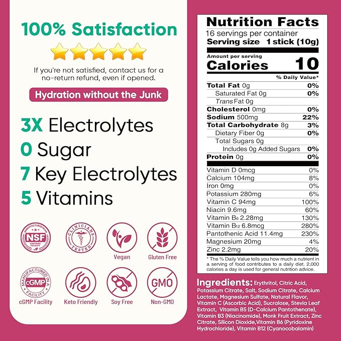 Venture Pal Sugar Free Electrolytes Powder Packets - Liquid Daily IV Hydration Packets | Instantly Hydrating & Party Recovery | 5 Vitamins & 7 Electrolytes | Certified Vegan, Keto, Non-GMO | 16 Sticks