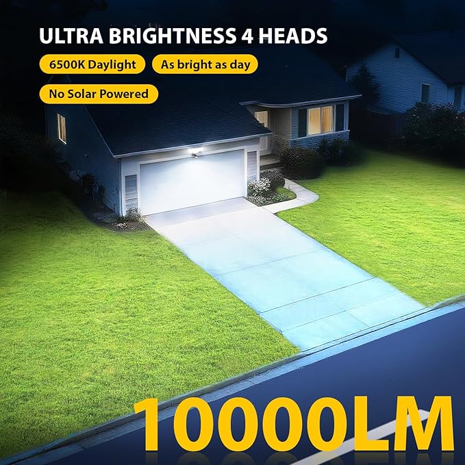 Abovizo 90W Motion Sensor Outdoor Lights, 10000LM LED Flood Light Outdoor with 4 Adjustable Heads, 6500K Daylight, Dusk to Dawn, IP65 Waterproof Security Light for Garage, Yard, Porch, Front Door