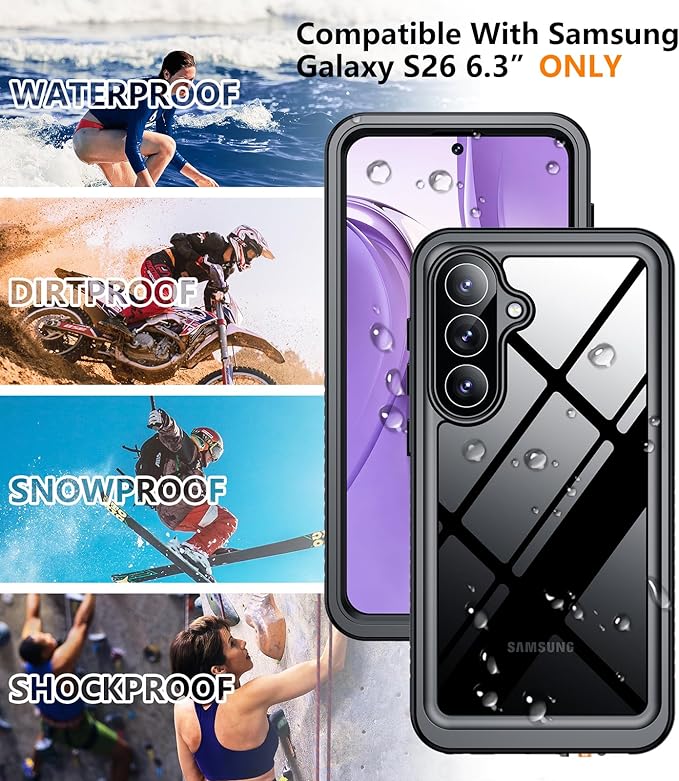Temdan Designed for Samsung Galaxy S26 Case Waterproof, Built-in Lens & Screen Protector Military Shockproof Dropproof IP68 Underwater Full Body Phone Case for Galaxy S26 5G 6.3"-Black (2026)