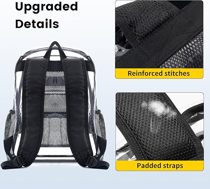 Vorspack Clear Backpack Heavy Duty PVC Transparent Backpack with Reinforced Strap Stitches & Large Capacity for College Workplace Security - Black