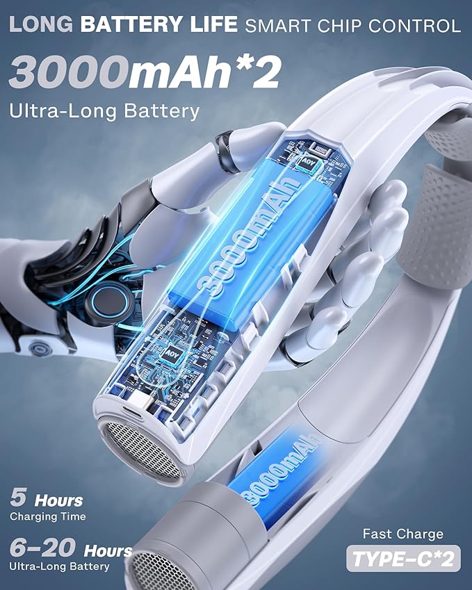 Portable Neck Fan, 6000mAh Personal Fan, 360° Cooling Rechargeable Wearable Fan, 6 Speeds Adjustable Hands Free Fan for Travel Outdoor, Office, Ideal Summer Gifts for Men Women