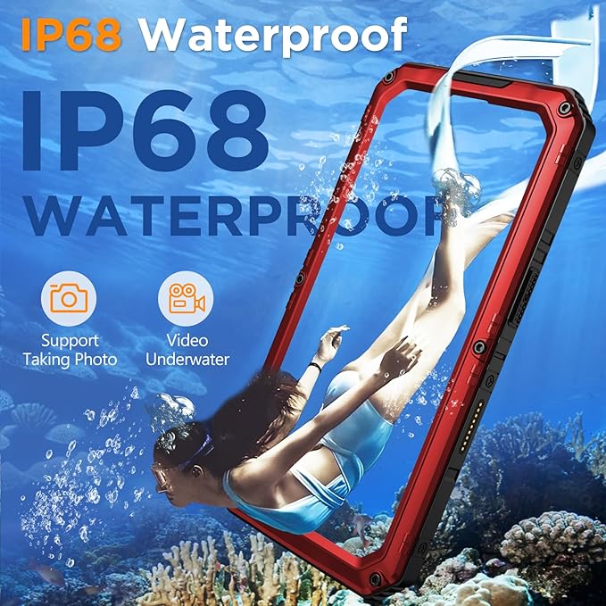 Mitywah Waterproof Case for iPhone 16, Shockproof Heavy Duty Case with Built-in Screen Protector, Underwater Full Body Protective Metal Case 6.1 inch, Red