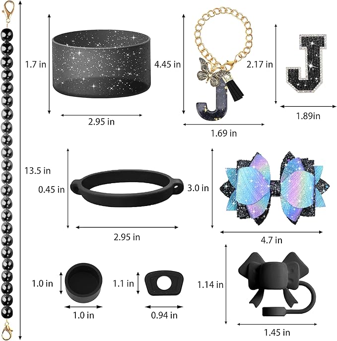 9PCS Black for Stanley Cup Accessories Set Bling Initials Bow Charms for Stanley Decorations 30/40 Oz Tumbler Accessories Including Bow Straw Topper, Handle Strap, Spill Stopper（Letter J）