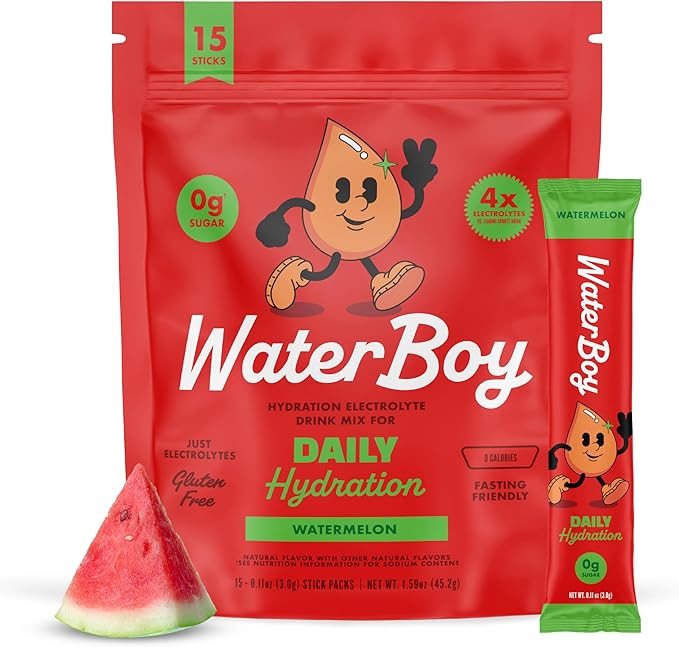 Waterboy Daily Hydration | 1,570mg Electrolyte Powder Packets | No Sugar, All Natural, Gluten Free, Zero Calories | 15 Drink Stick Mixes (Watermelon)