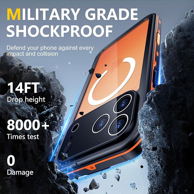 Red2Fire for iPhone 17 Pro Max Case Waterproof, [Built-in Screen Protector & Camera Protector][Compatible with MagSafe][Full Body Shockproof][IP68 Waterproof][Dustproof] Phone Case 6.9" Oragne/Clear