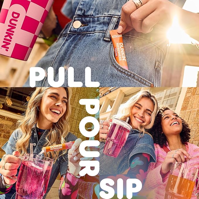 Dunkin’ Zero Sugar Refreshers Singles To Go! Powdered drink mix packets, Mango Pineapple,10 packets per box Energy from Green Tea, aspartame-free, no synthetic colors, naturally and artificially flavored, just add water
