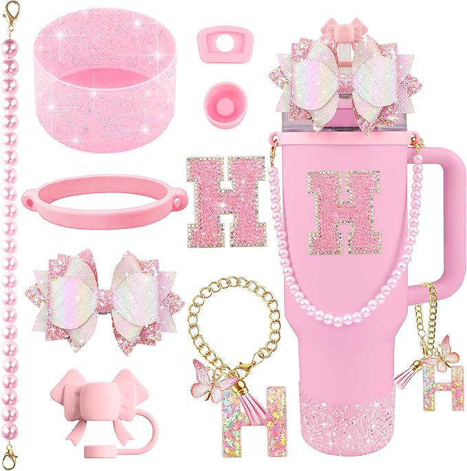 9PCS Pink for Stanley Cup Accessories Set Bling Initials Bow Charms for Stanley Decorations 30/40 Oz Tumbler Accessories Including Bow Straw Topper, Handle Strap, Spill Stopper（Letter H）