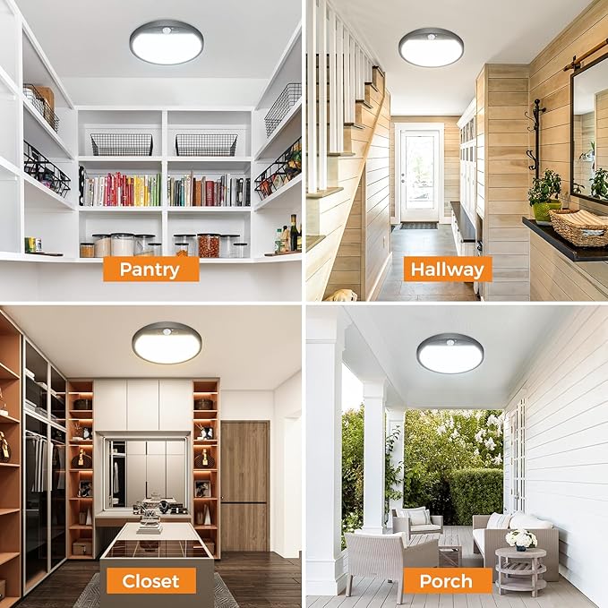 slochi Motion Sensor Light Indoor Wired, 8.7 Inch 3000K/4000K/6500K Closet Lights Motion Sensored, 18W 1800LM Flush Mount Ceiling Light for Hallway Pantry Stairwell Porch, Black