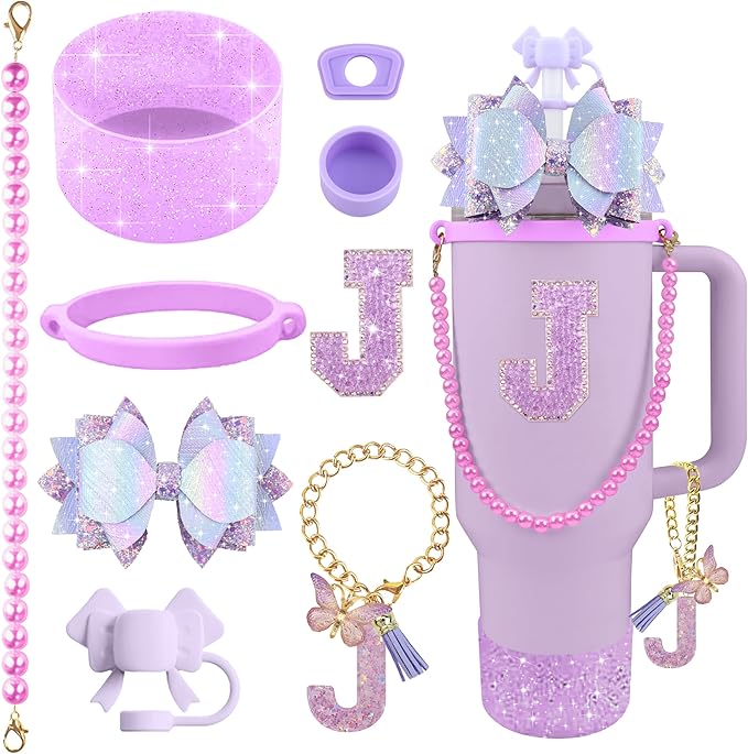 9PCS Purple for Stanley Cup Accessories Set Bling Initials Bow Charms for Stanley Decorations 30/40 Oz Tumbler Accessories Including Bow Straw Topper, Handle Strap, Spill Stopper（Letter J）