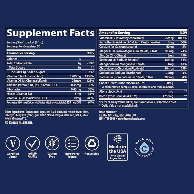 Trace Minerals Power Pak - Multivitamin Packets for Essential Nutrient Support - Hydration, Immunity & Energy - Natural Vitamins & Minerals - Cherry Lime - 30 Count (30 Servings)