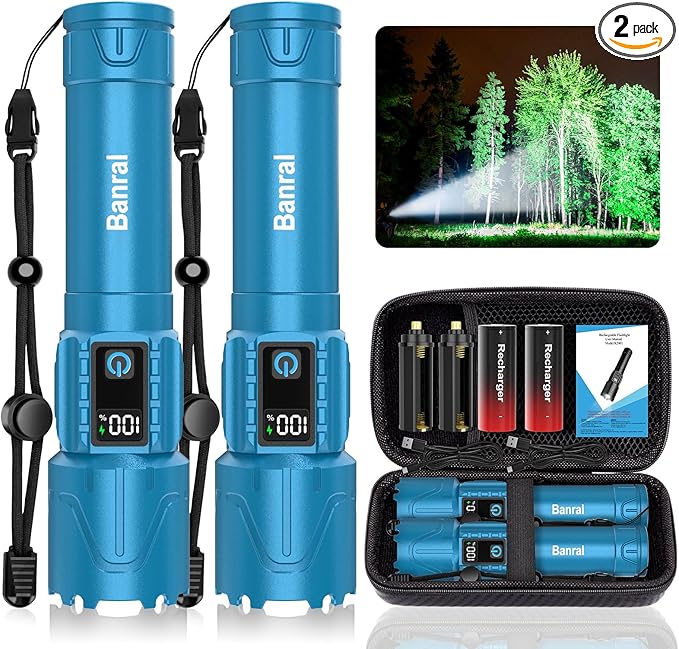 Rechargeable Tactical Flashlights 2000 High Lumens - 5000mAh Super Bright LED Powerful Flash Light, Waterproof Handheld USB C Flashlight for Home,Car,Camping,Emergencies,Zoomable (2, Turquoise)