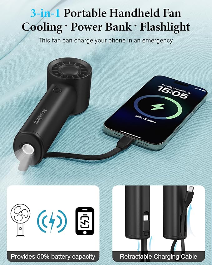 Portable Handheld Fan with Power Bank(High-Speed),3 IN 1 USB Rechargeable Mini Personal Fan with Flashlight,Small Size for Outdoor/Travel/Beach/Concerts/Summer.Gifts for Girl,Women.Black