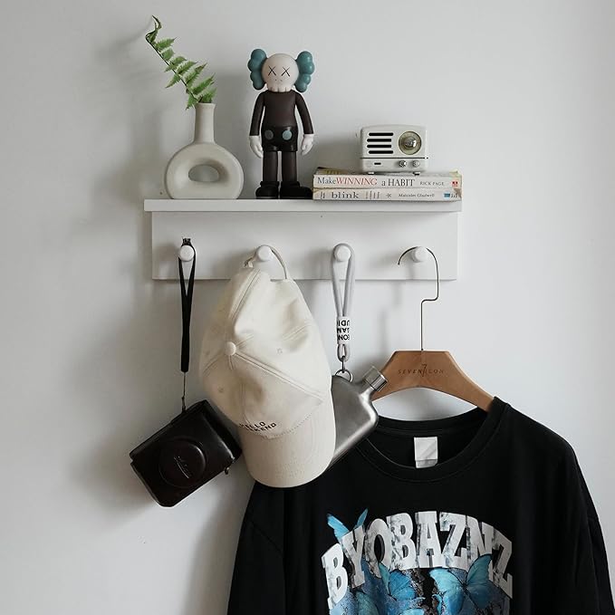 Entrance Coat Rack ，Coat Hooks, Wall-Mounted Wooden Hook Rack, Wall-Mounted Shelves are Very Suitable (White Color Finish—A-1)