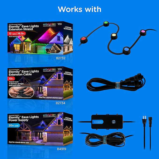 Enbrighten Vibe Eternity Permanent Outdoor Lights for House, 50ft, 36 RGBWIC LEDs, Close Spacing, 33lm, Color Changing, Christmas, Eave Lighting, Smart App, Works with Alexa, Google Home, 82730