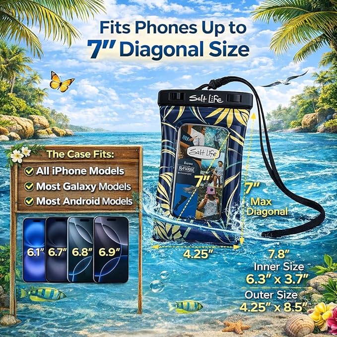 Salt Life Floating Waterproof Phone Case– IPX8 100% Waterproof Phone Case that Floats in Water, Universal Phone Dry Bag with Touchscreen Clear Window, Secure Seal Closure & Lanyard (Turquoise)