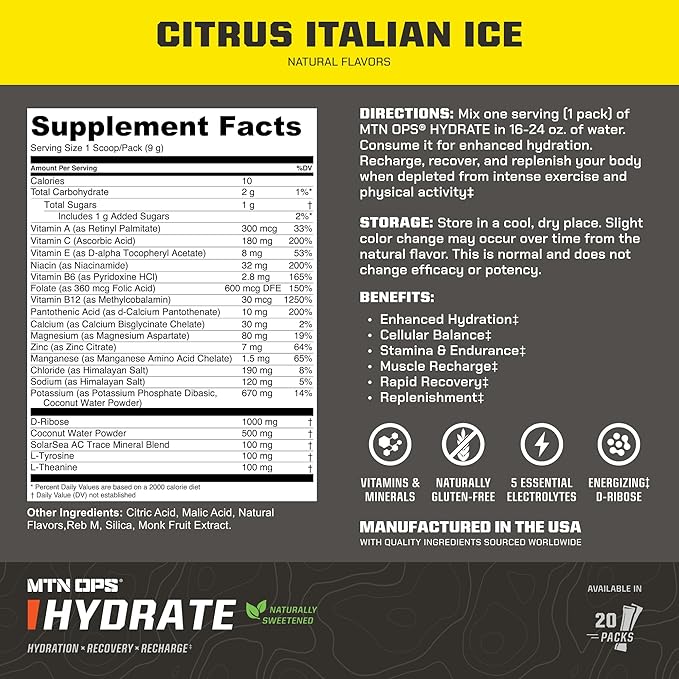 MTN OPS Hydrate Low Sugar Electrolyte Powder Drink Mix with 1g D-Ribose Sugar, Naturally Sweetened with Monk Fruit, On-The-Go Packs, 20 Stick Packs, Citrus Italian Ice
