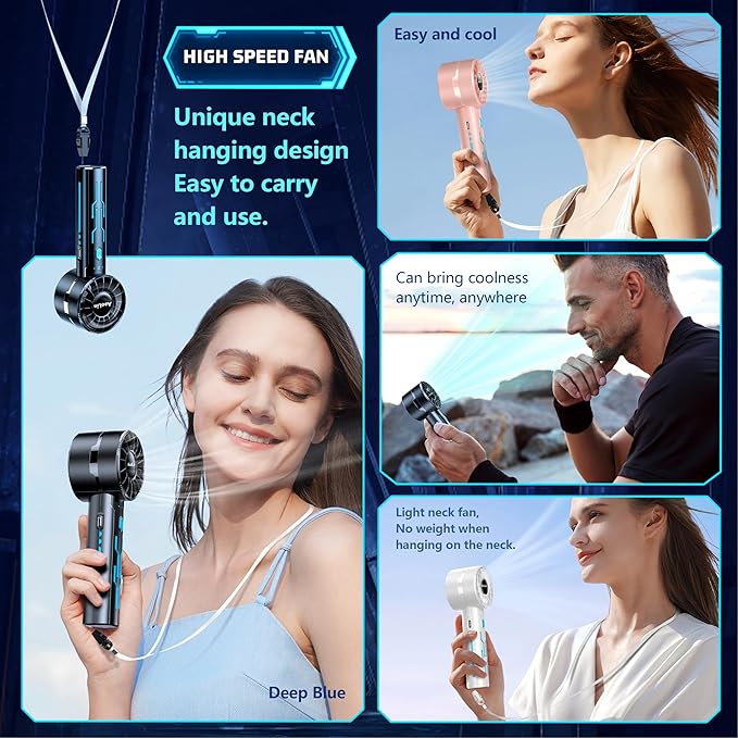 AaoLin 2pcs Portable Handheld Turbo Fan with 7000rpm High-Speed Motor USB Rechargeable Cooling Personal Fan 4-Speed, 4-16H Runtime, with Lanyard for Outdoor Travel, Women, Kids, Summer Gift