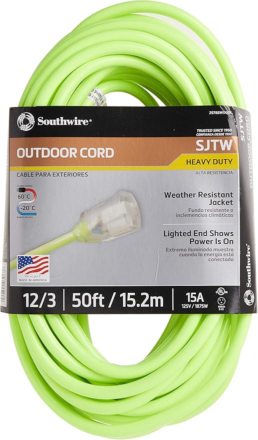 Southwire Heavy Duty Extension Cord, 50Ft, 12 Gauge, 3 Conductor, High Visibility Outdoor Cord, Lighted End, SJTW, Cool Green, 2578SW000X