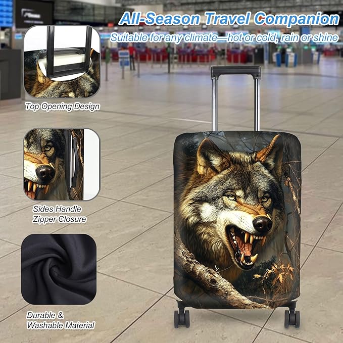 Luggage Cover Protector for 19-20 Inch Suitcases, TSA Approved Elastic Travel Suitcase Covers, Anti-Scratch Washable Luggage Sleeve for Carry On & Checked Bags, Fierce Wolf