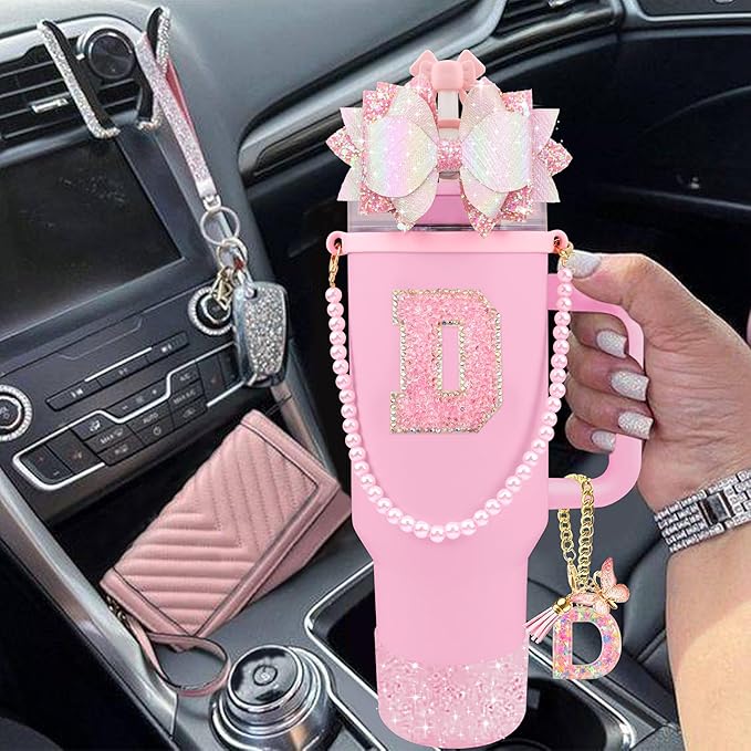 9PCS Pink for Stanley Cup Accessories Set Bling Initials Bow Charms for Stanley Decorations 30/40 Oz Tumbler Accessories Including Bow Straw Topper, Handle Strap, Spill Stopper（Letter D）