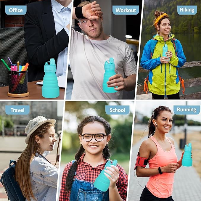 Collapsible Water Bottles 17oz, Odorless BPA-Free Silicone, Leak-Proof Foldable Reusable Bottle - Perfect for Travel Sports Gym Hiking Camping Cycling - Water Blue
